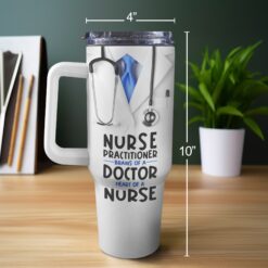 40oz Personalized Nurse Tumbler with White Handle - Medical Profession Design with Lab Coat and Custom Name - Daily Value Nutrition Facts - Perfect International Nurses Day Gift