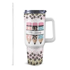40oz Personalized Teacher Life Tumbler with White Handle - Cute Boho Leopard Rainbow Design - Custom Name - Perfect Teacher Appreciation Gift