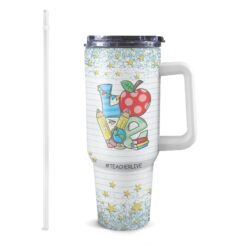 40oz Personalized Teacher Life Tumbler with White Handle - Cute Boho Rainbow School Design - Custom Name - Perfect Gift for Teachers