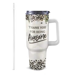 40oz Personalized Tumbler with White Handle - Thank You For Being Awesome Boho Rainbow Leopard Style - Custom Name - Perfect Gift for Women - Self-Love Gift Idea