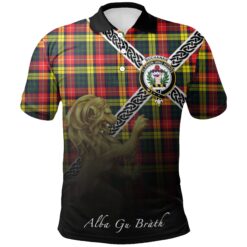 Buchanan Modern Polo Shirts Tartan Crest Celtic Scotland Lion