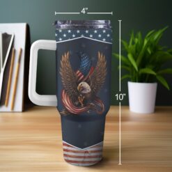 Personalized 40oz Tumbler with White Handle - American Pride Design with Bald Eagle and American Flag - Custom Patriotic Gift for Veterans, Independence Day, Memorial Day