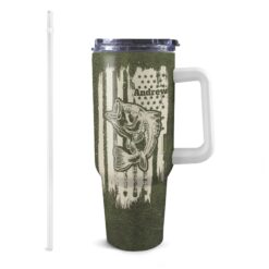 Personalized 40oz Tumbler with White Handle - Awesome Husband Design with Fish and American Flag - Wild Art Style - Custom Name - Perfect Gift for Husbands Who Love Fishing, Birthday, Anniversary