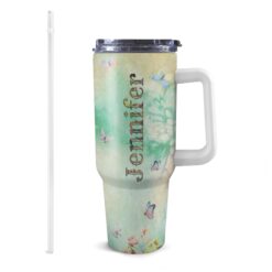 Personalized 40oz Tumbler with White Handle - Flower Skull Design in Cute Watercolor Style - Custom Name Gift for Skull Lovers - Perfect for Birthday, Halloween, Unique Occasions