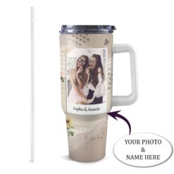 Personalized 40oz Tumbler with White Handle - Friendship Design with Collage Art Style and Custom Name - Emotional Gift for Colleagues Turned Friends for Birthday, Appreciation, Christmas