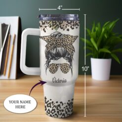 Personalized 40oz Tumbler with White Handle - Strong Personality Girl Design, Leopard Style with Custom Name - Self-Expression Gift for Women, Perfect for Woman's Day