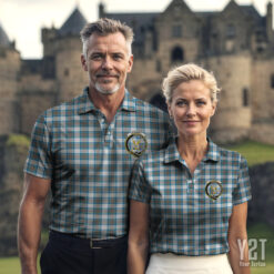 Stewart Muted Blue Clan Tartan Polo with Crest - Authentic Scottish Apparel