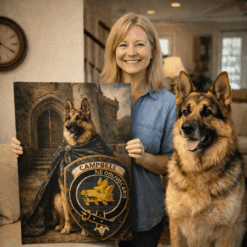Custom Scottish Clan Tartan Pet Portrait Canvas – Personalized Dog Royal Guard Painting