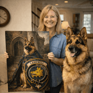 Custom Scottish Clan Tartan Pet Portrait Canvas – Personalized Dog Royal Guard Painting