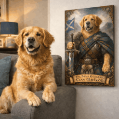 Custom Scottish Clan Tartan Pet Portrait Canvas – Personalized Dog Portrait from Your Pet Photo