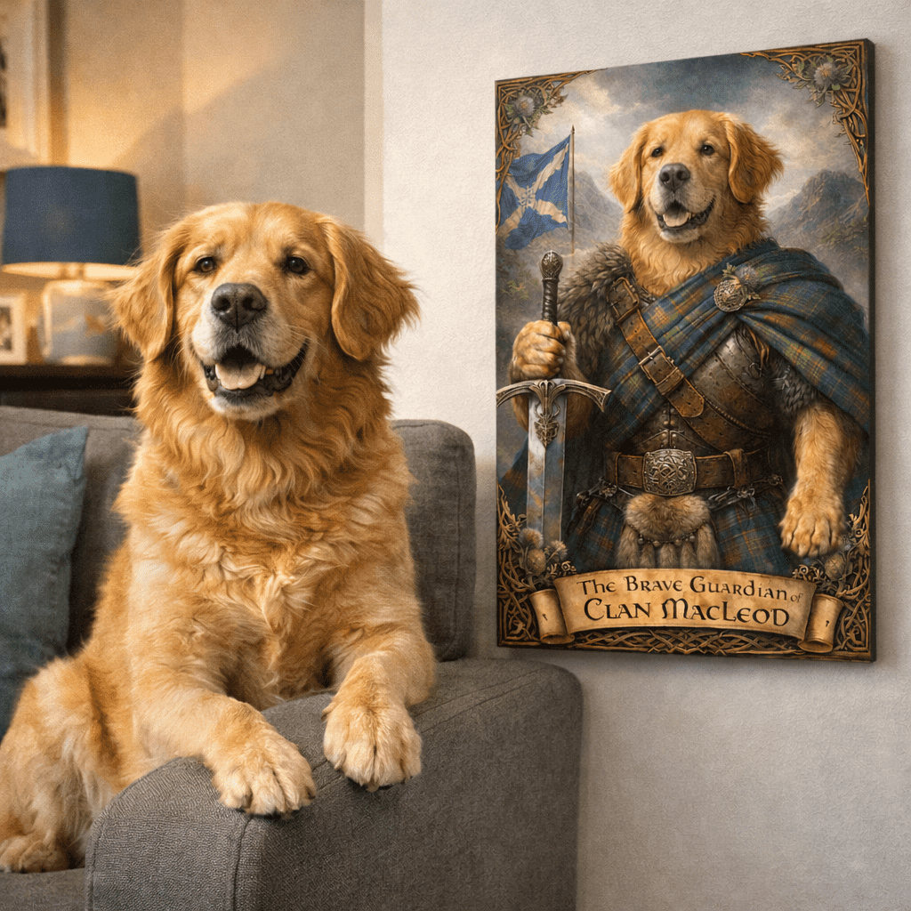 Custom Scottish Clan Tartan Pet Portrait Canvas – Personalized Dog Portrait from Your Pet Photo